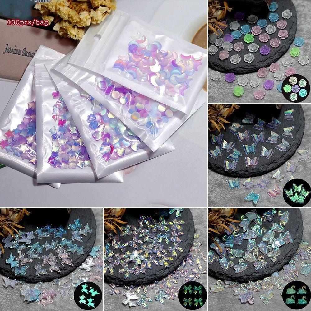 AUGUSTINA Agustinina Dekorasi Kuku Bercahaya Flatback Warna Campur Glitter Kawaii Nail Art Ornamen Kristal DIY Manicure Aksesoris