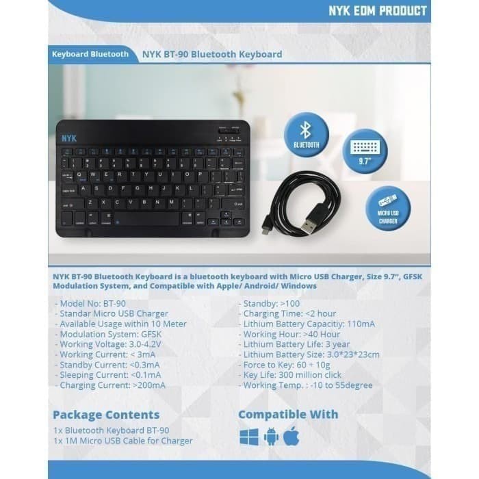 Keyboard Mini Bluetooth BT-90 / keyboard nyk mini bt 90/keyboard bluetooth mini/ keyboard bluetooth