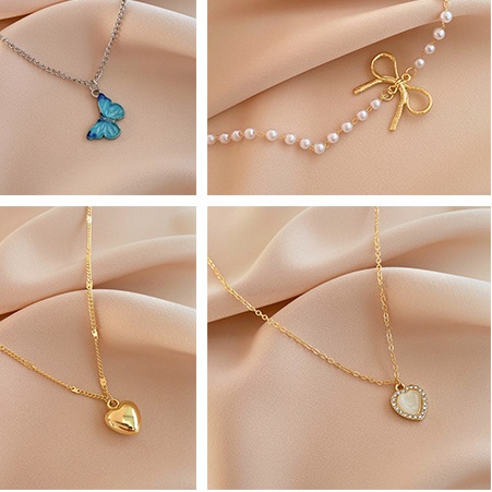 Kalung Rantai Choker Liontin Kupu-Kupu Hati Mutiara Warna Emas Perak Untuk Wanita