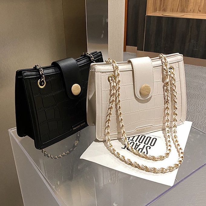 Versi Korea Tas Selempang Wanita dari tas rantai pola batu mode baru wanita khaki retro stereotip tas jinjing Fashion Trend Sling Bag Chain Shoulder Bag Import Fashion Aksesoris