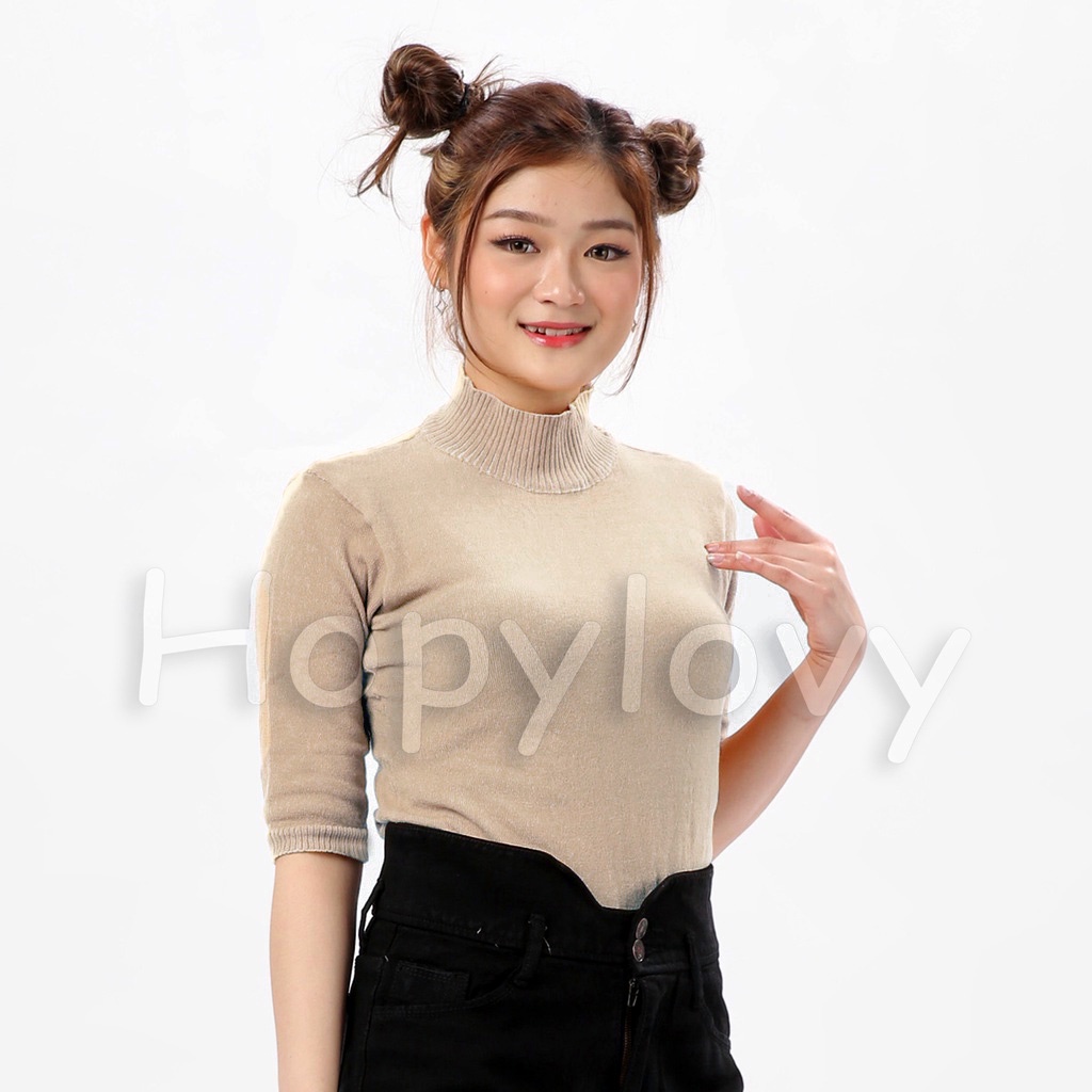 HOPYLOVY Blouse Rajut Turtleneck Wanita Lengan 3 per 4 Rafika-NUDE