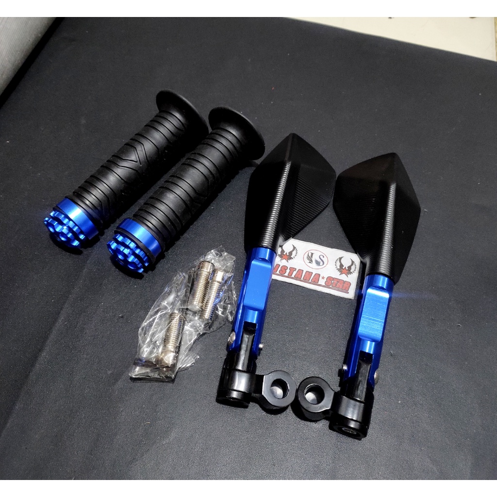 [PROMO] Handle REM dan KOPLING Stelan Variasi Motor FULL CNC Yamaha Vixion Old New RX King Plus grip cnc biru Plus Spion TOMOK V2/BIRU