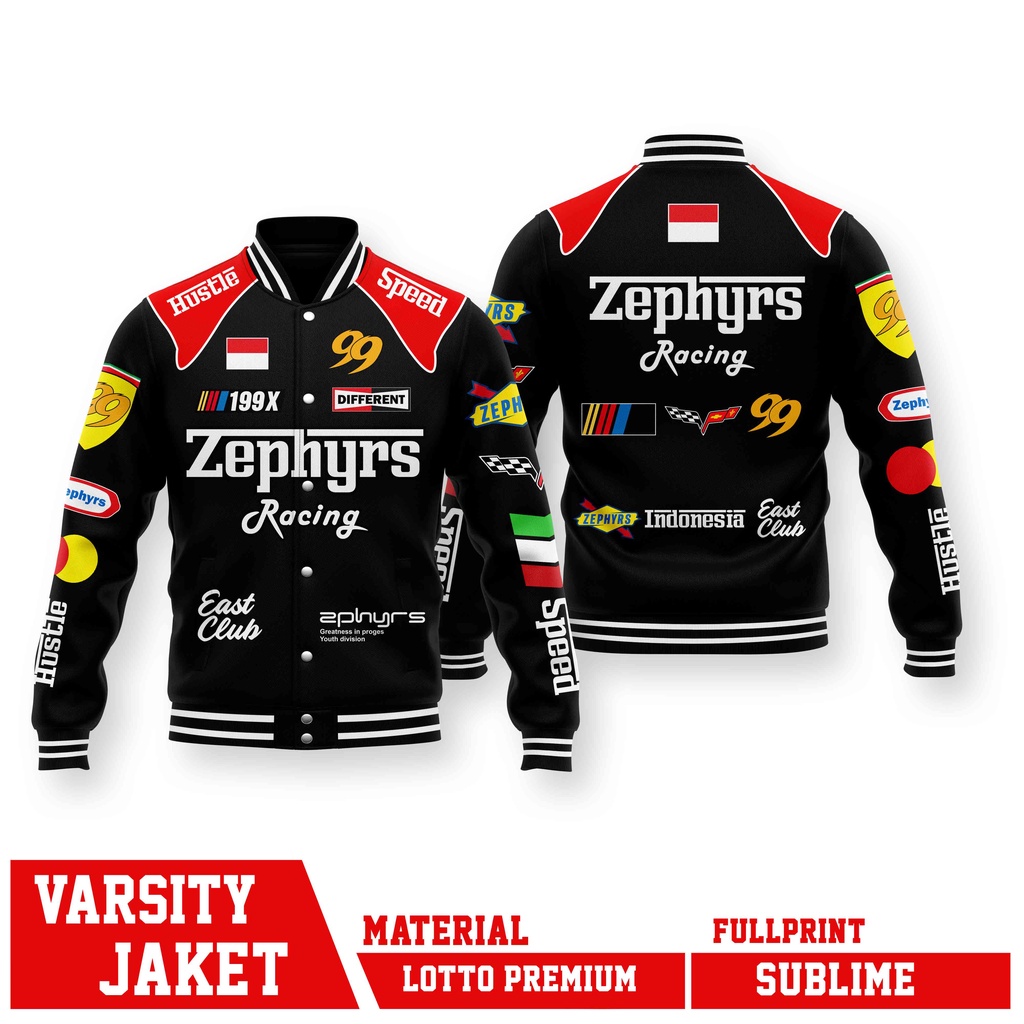 VARSITY JACKET RACING NASCAR HUSTLE SPEED ZEPHYRS BLACK FULLPRINT