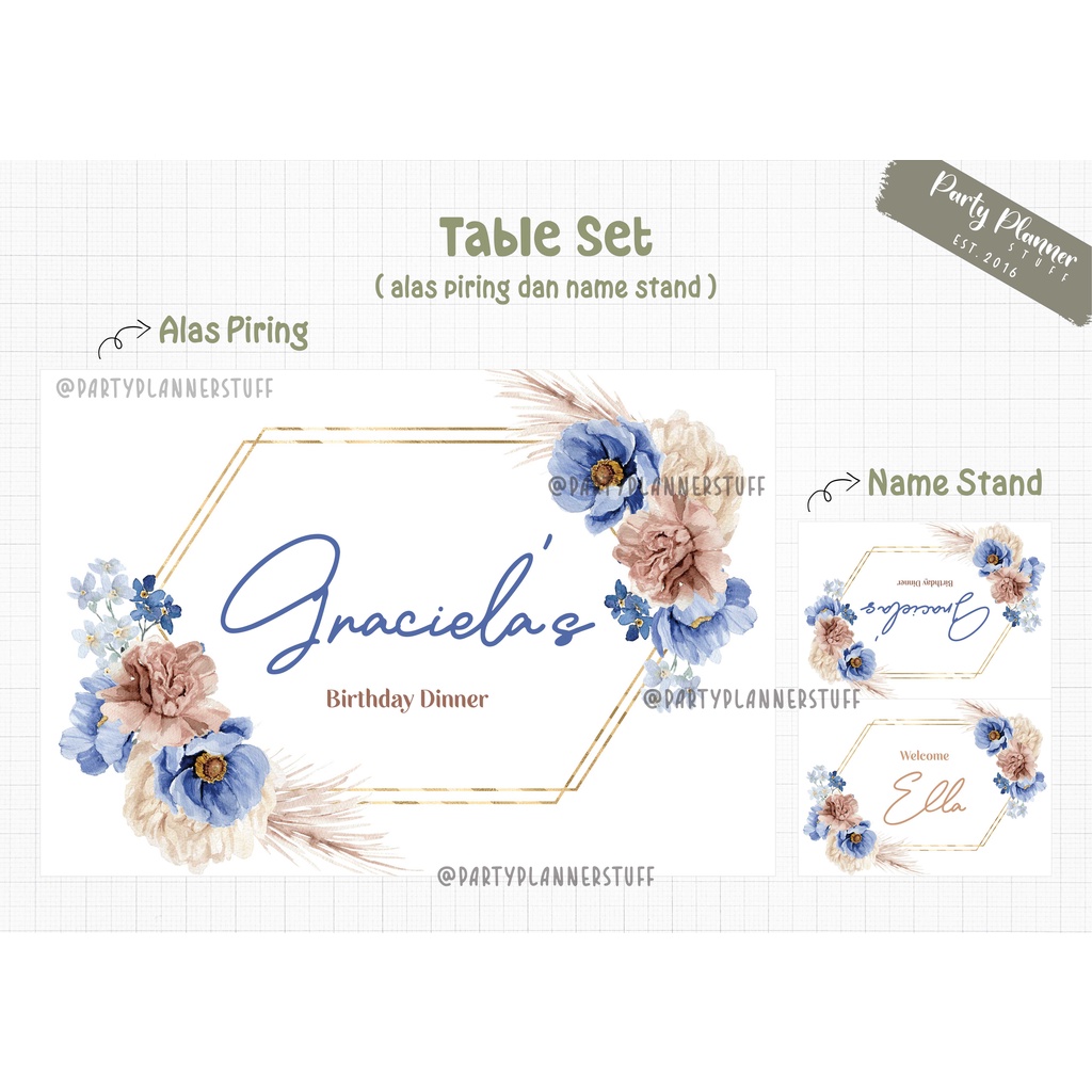 Table set blue rustic flower bridal shower / dekor meja makan cantik / sweet seventeen birthday / ul