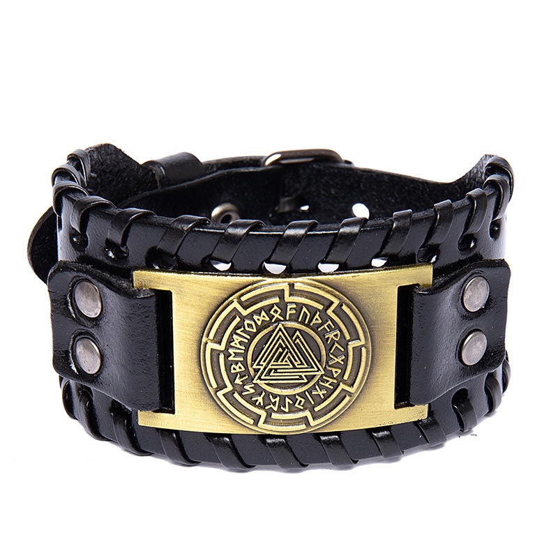 [Z H Perhiasan] Hip Hop Rock Retro Pria Fashion Stainless Steel Viking Rune Gelang Kulit Pesta Perhiasan Aksesoris