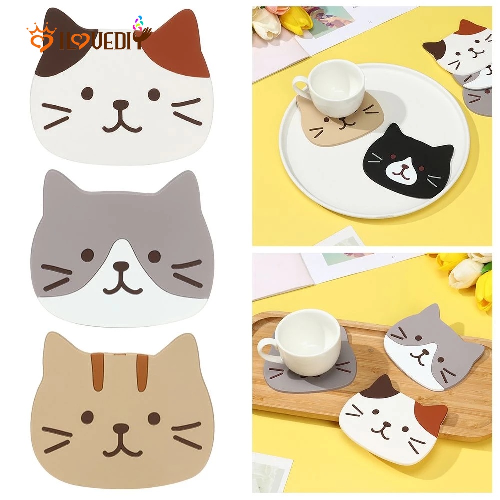 Tatakan Cangkir Teh / Kopi Bahan Silikon Non slip Tahan Panas Motif Kartun Kucing Untuk Aksesoris Dapur