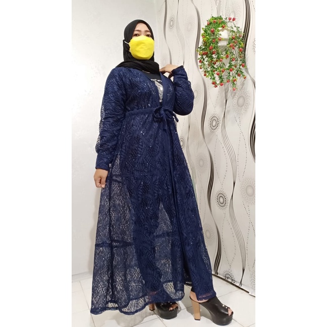 GAMIS CARDIGAN BRUKAT NAVY PREMIUM / LONG OUTER BRUKAT GLITER /OUTER BRUKAT LENGAN PANJANG