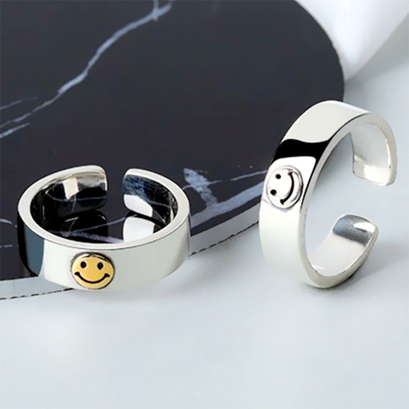 【Ready stock】Cincin titanium wanita anti karat asli tidak luntur Cincin Unisex Smiley Korea Aksesoris Cincin Terbuka Multilayer Retro fashion murah COD