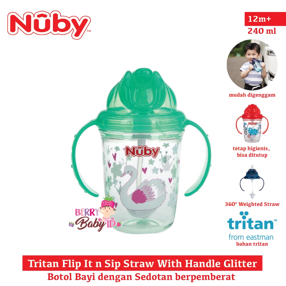 Nuby Tritan Flip It Straw With Handle Glitter Botol Training Cup Bayi Botol Sedotan Bayi Anak BPA Free Berry Mart