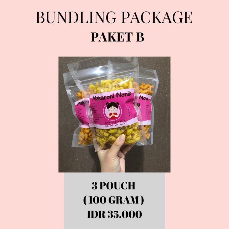

Bundling Package B Makaroni Nonik Pouch 100gr (3pcs) / Makaroni Pedas / Makaroni Renyah