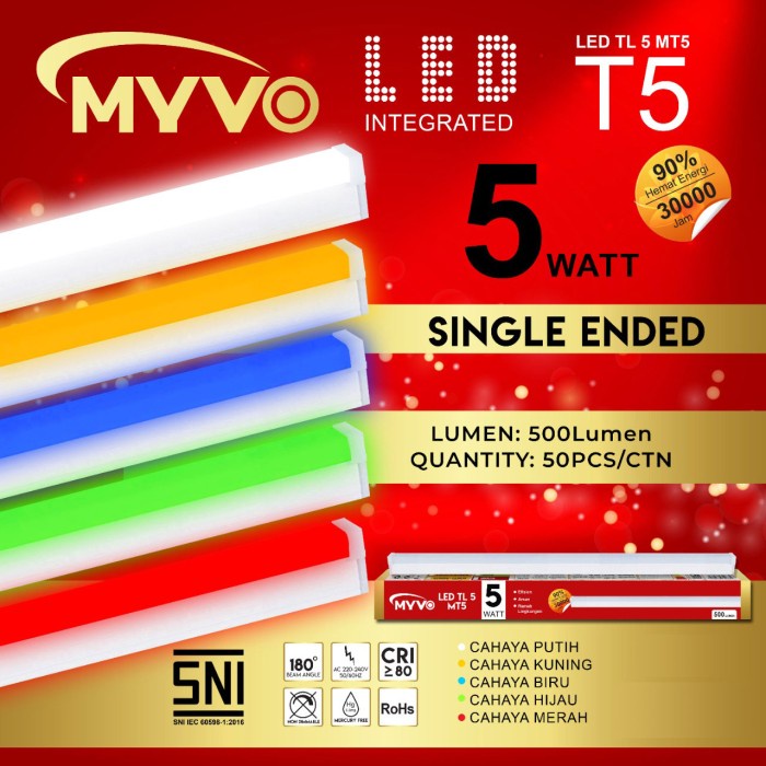 Lampu TL Neon T5 LED 5W 30cm Tube Warna Warni SNI