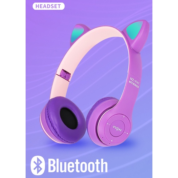 Headset Bluetooth wireless gaming MZ-P47 Cat Ear Headphone Telinga Kucing earphone LED