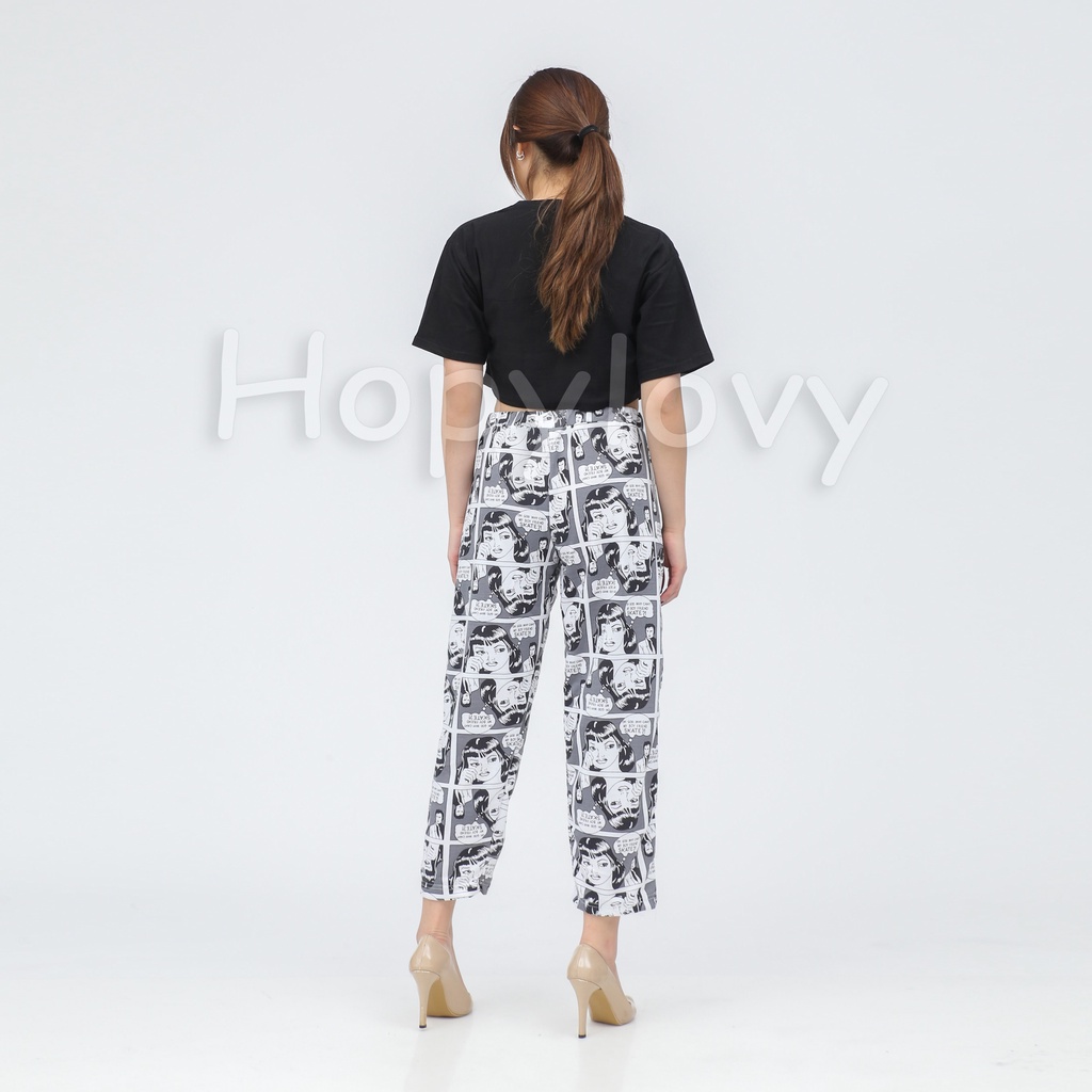 HOPYLOVY - Celana Panjang Wanita Motif Print Komik bahan Babyterry