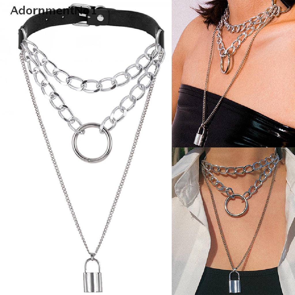 (AdornmentNo1) Kalung Choker Rantai Banyak Lapis Dengan Liontin Gembok Gaya Gothic Punk Untuk Wanita