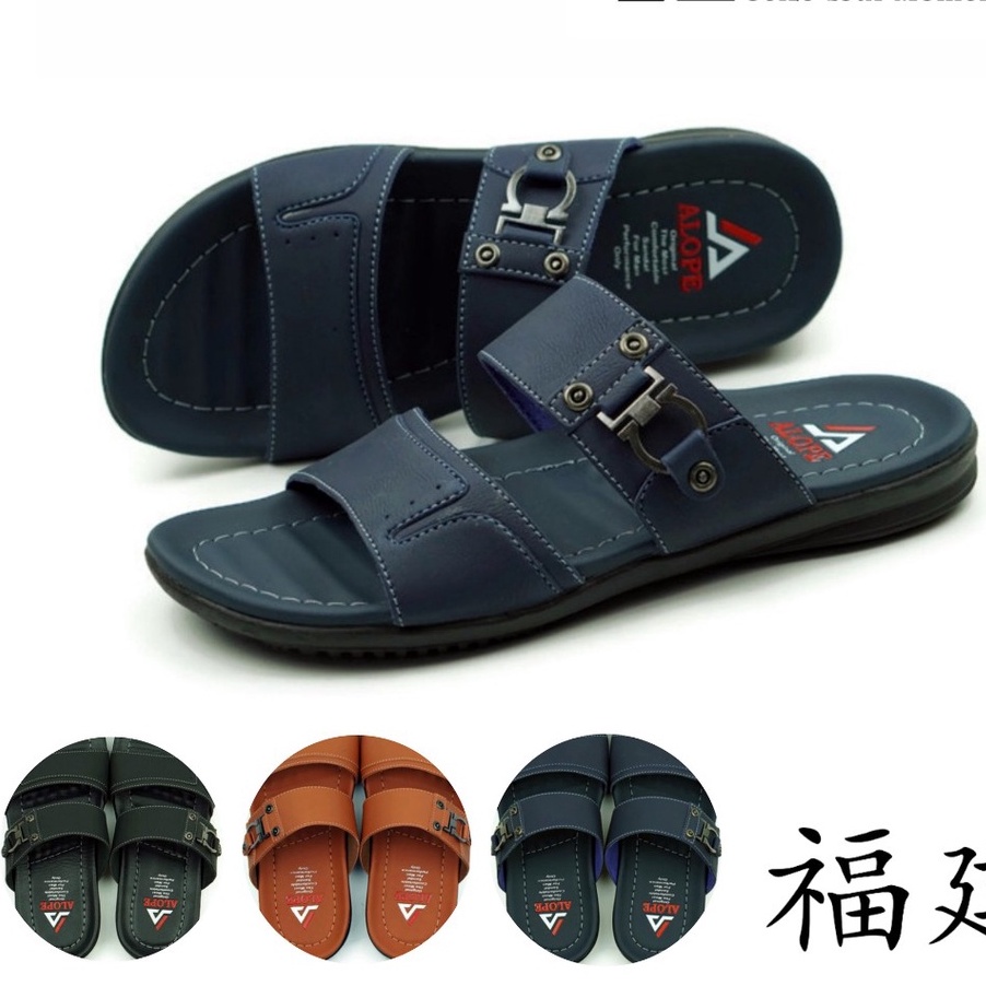 Sandal Slop Kulit Kekinian Casual Sendal Pria Cowok Dewasa Original Premium Brand Lokal Terbaru Kuat-NAVY