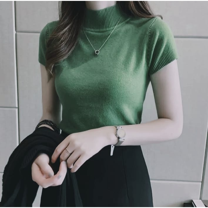 worldshop - Atasan Rajut Wanita Turtleneck - Kerah Tinggi Lengan Pendek - Knit Premium-Abu Muda