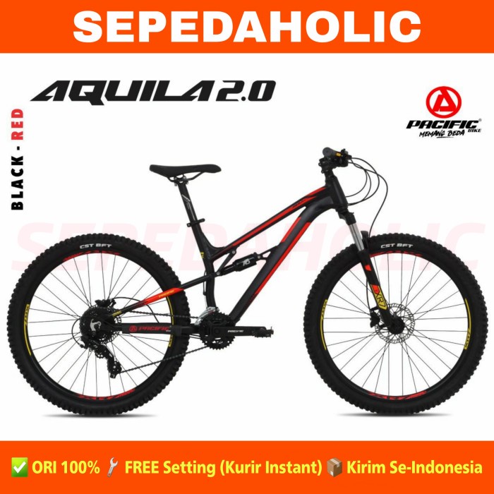 Sepeda Gunung 27.5 Inch MTB PACIFIC AQUILA 2.0 Alloy Full Suspensi - Black Red