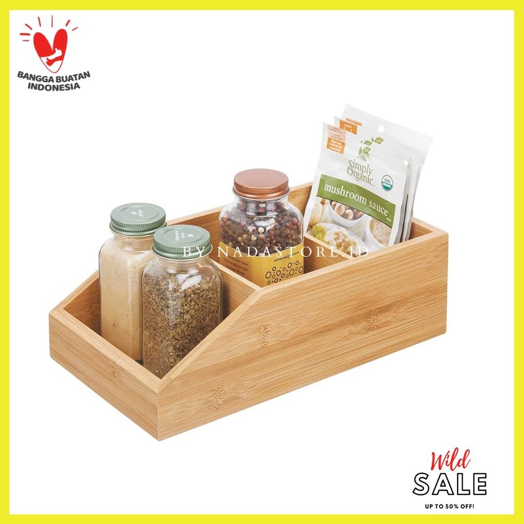 Wood Food Storage Bin with Divided 3 Compartments and Sloped Front for Kitchen Cabinet, Pantry W-012