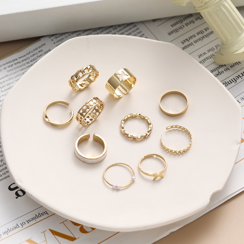 10pcs / Set Cincin Rantai Emas Desain Kupu-Kupu Hias Mutiara Gaya Bohemian Untuk Wanita 2022