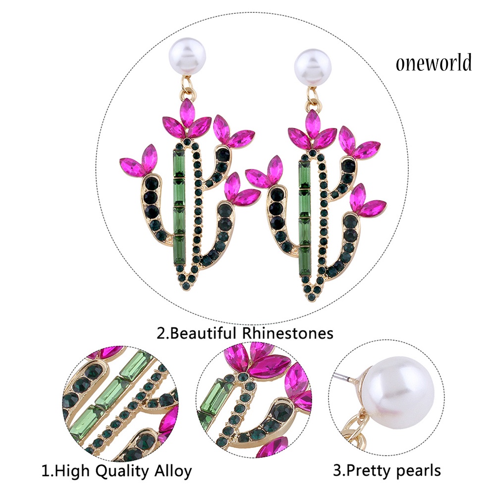 OW@ Women Colorful Rhinestone Cactus Faux Pearl Charm Statement Stud Earrings Gift