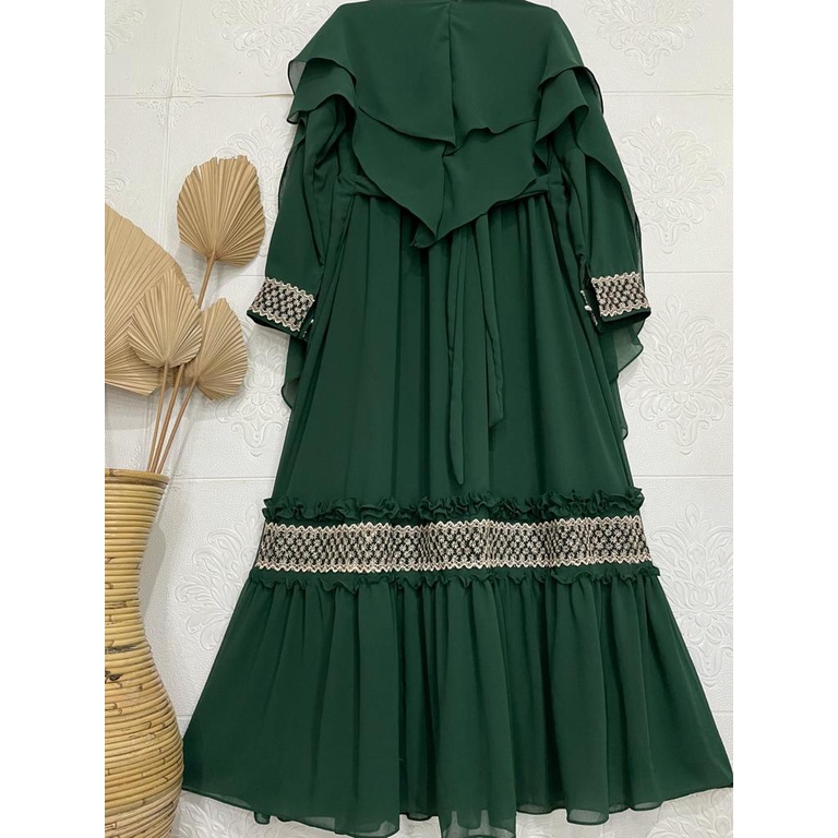 Gamis Syari Ceruty Mix Renda Depan dan Tangan | Gamis Syari Busui | Gamis Set Khimar Terbaru-Ijo Botol