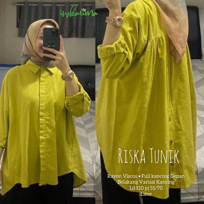 RISKA TUNIK RAYON VISCOSE FULL KANCING DEPAN AKTIF KANCING BELAKANG VARIASI LD 110CM PJ 55/70CM