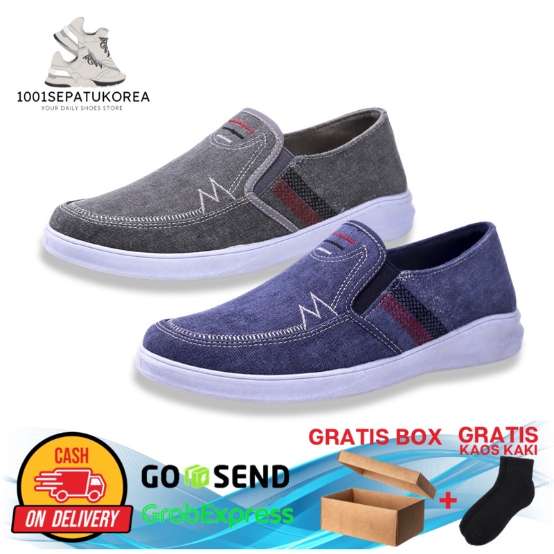 IMPORT SEPATU SLIP ON ZIPLINE JEANS KOREA FREE BOX + KAOS KAKI !!! - 2 WARNA