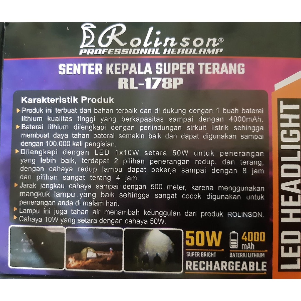 Senter Kepala Berkemah LED Super Terang 50 Watt Cahaya Putih  dan  Kuning RL-178P 178K free(gratis) Bohlam 5watt