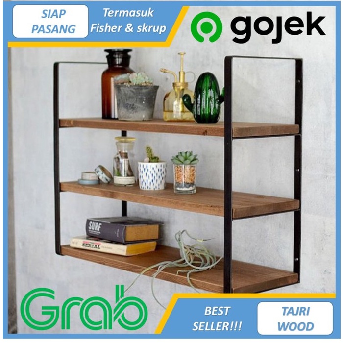 Jual Fuji Rak Dinding 3 Ambalan Kayu Dan Besi Buku Make Up Hiasan Dekorasi - Panjang 30Cm