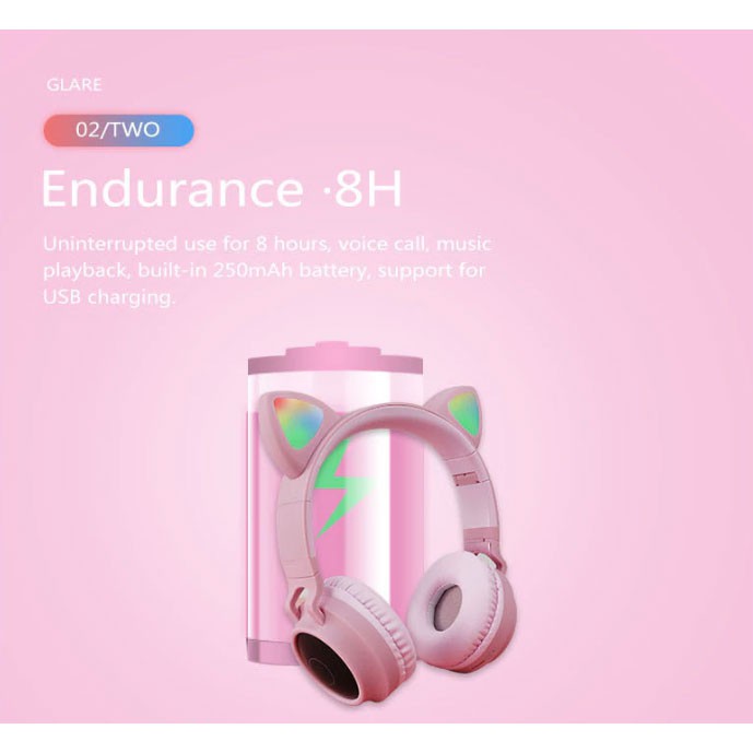 Headphone Cute Cat Ear Wireless Headset Bluetooth 5.0 RGB LED dengan Mic BT028C