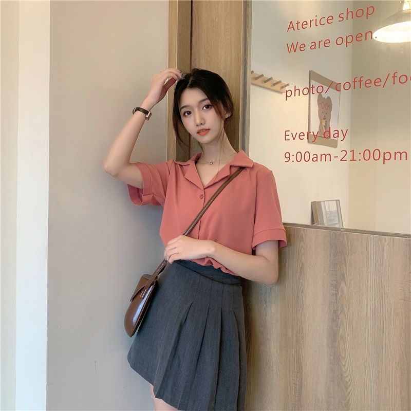 Blouse Kemeja Atasan Wanita Putih Lengan Pendek Korean Style Shirt Baju Wanita