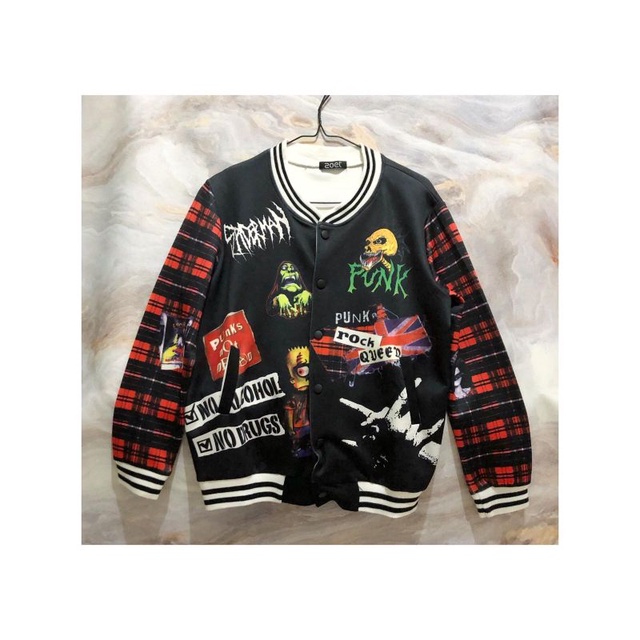 Jaket Varsity Rocker Biker Tartan Jacket Fashion Hitam Merah