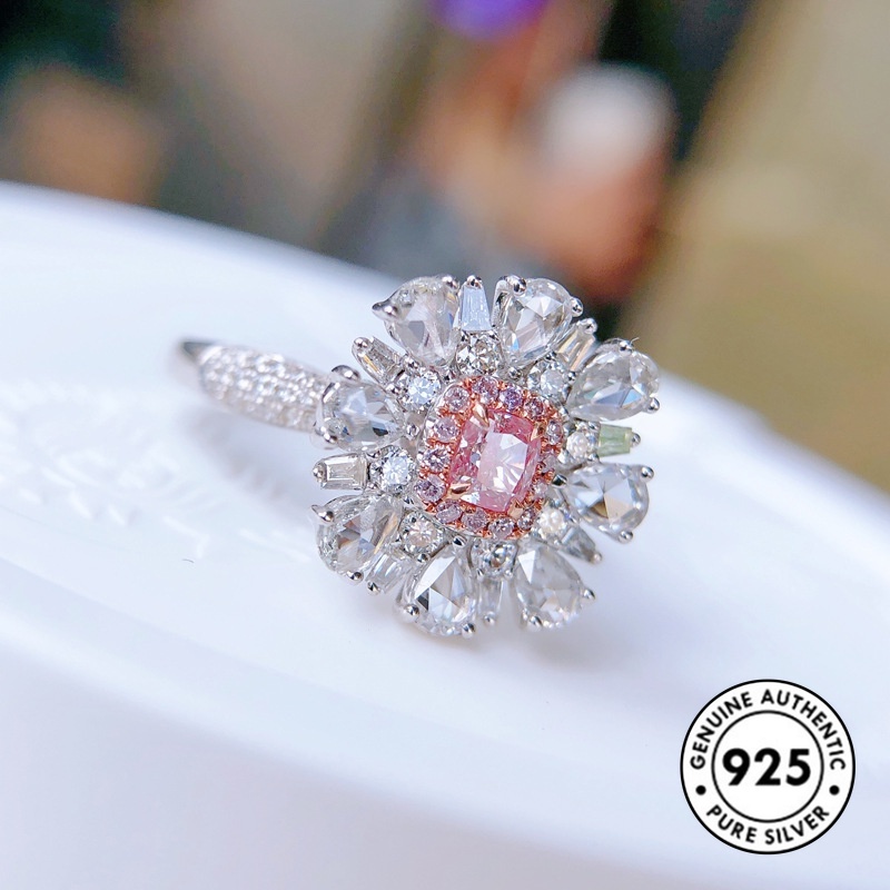 Cincin S925 Silver Bentuk Kotak Aksen Berlian Warna Pink