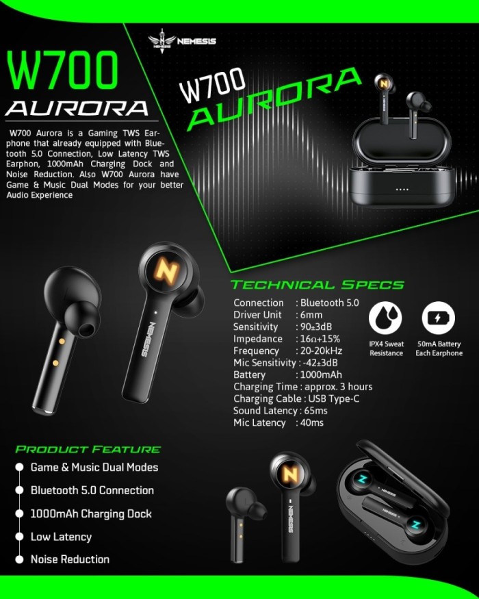 Earphone True Wireless Bluetooth Gaming NYK Nemesis W700 Aurora TWS