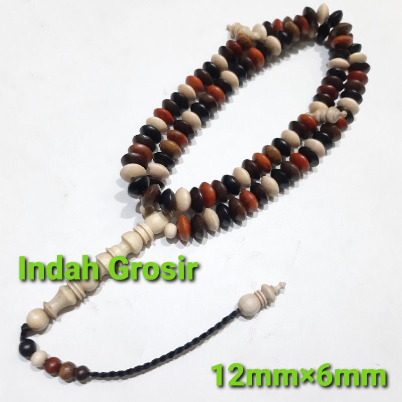 Tasbih Kayu Gepeng Combinasi 5 Jenis Kayu 99butir 12mm Asli 100%