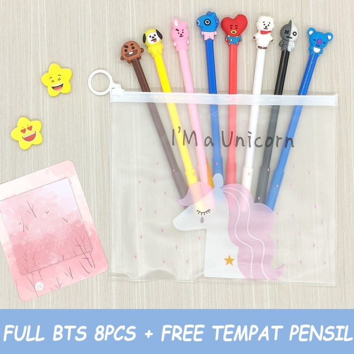 

TERBARU 1 SET 8 KARAKTER LENGKAP PULPEN GEL MOTIF BTS BT21 + FREE BOX PP82 - mix