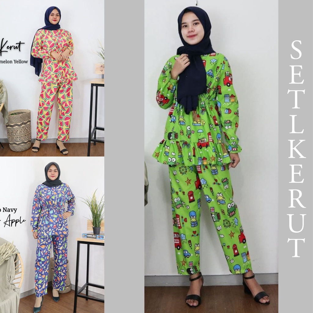 IZANY Daily Set Kerut L Lengan Panjang Saten apple