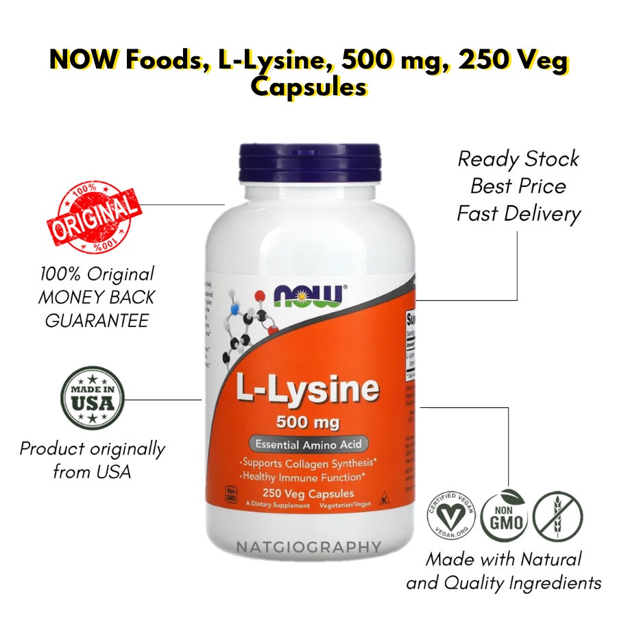 NOW Foods L-Lysine L Lysine 500 mg isi 250 Veg Capsules
