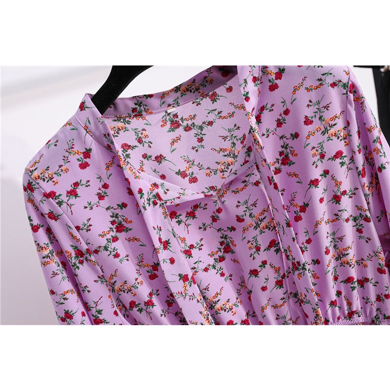 New 2022 COD Fashion Korean Women Dress Ungu Gaun Midi Bunga Untuk Wanita Busana Musim Panas Gaun Lengan Panjang Gaya Korea 2023