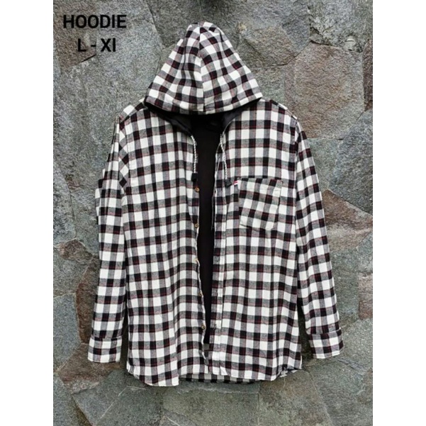 kemeja flanel hoodie unisex lengan panjang,flanel bertopi pria terlaris termurah