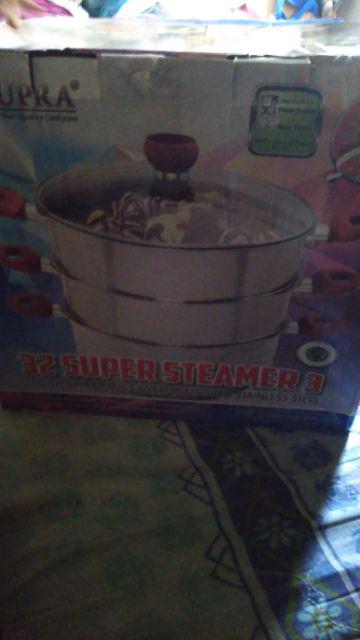 Panci Susun 3 Supra Super Steamer 32 Cm Besar Stainless Steel Kukus Tingkat Masak Arisan Tutup Kaca