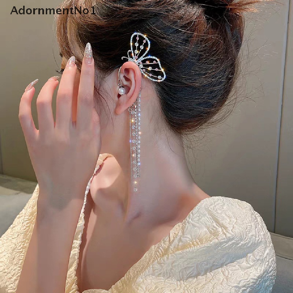 (AdornmentNo1) Anting Tusuk Gantung Panjang Desain Kupu-Kupu Hias Kristal + Mutiara Untuk Wanita