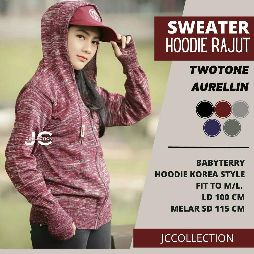 Jaket Rajut Twotone Arielli Knitting Sweater Hoodie Roundhand - JCCollections