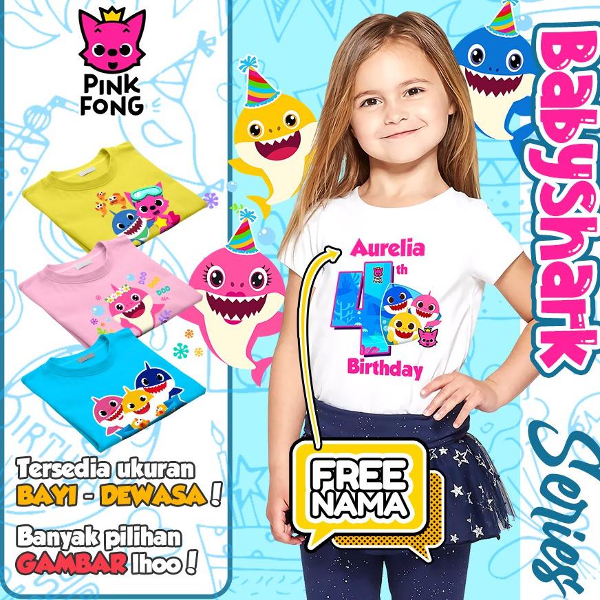 [Free Nama] Baju Kaos Couple Anak Dan Dewasa Baby Shark Ultah Ulang Tahun