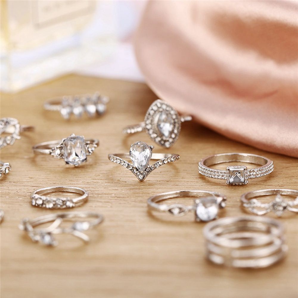 ROW 15PCS Party Rings Set Women Hollow Heart Boho Finger Ring Fashion Jewelry Silver Color Elegant Statement Crystal Leaves Flower