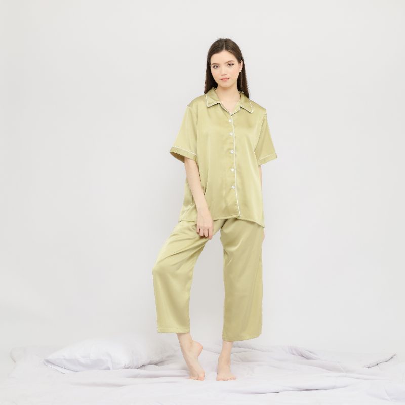 Piyama Satin | Silk Pajamas | Satin Comfort Set | Celana Panjang | Warna Sage