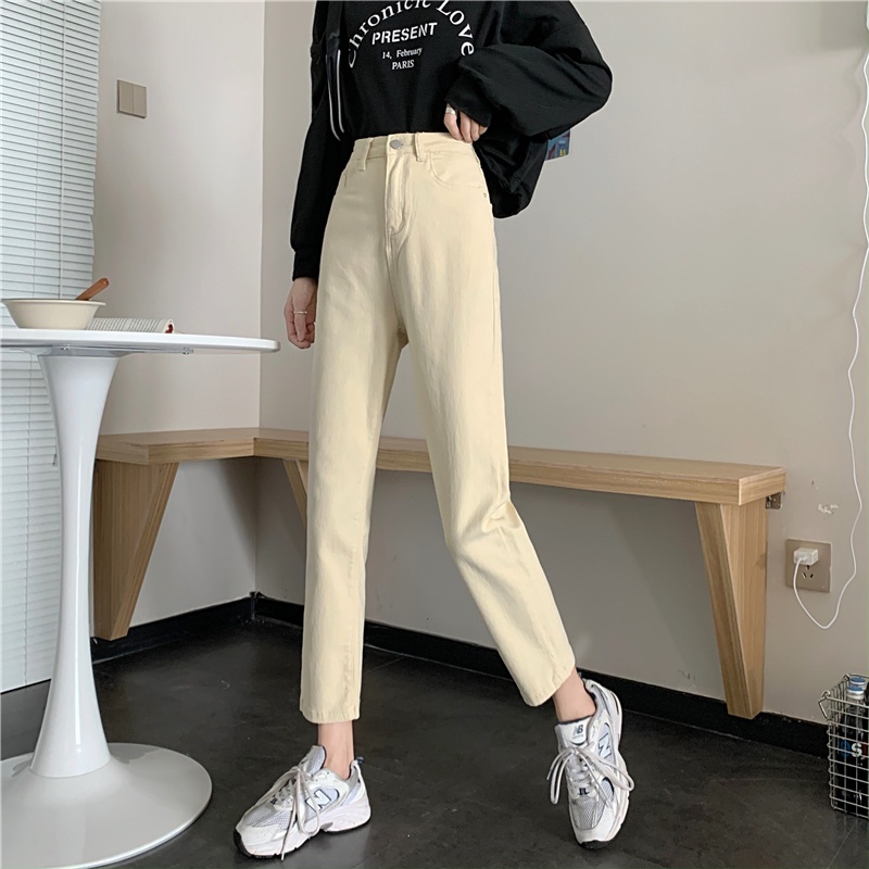 New Korean retro high-waist loose jeans straight-legged wide-legged celana panjang Wanita