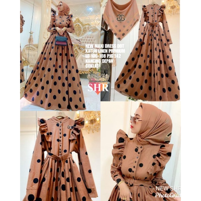 COD !! READY NEW SHR ORI 100% DRESS MAXI KATUN LINEN POLKA DOT REMPEL PREMIUM EID MUBAROK SYAHIRA EDISI LEBARAN-3