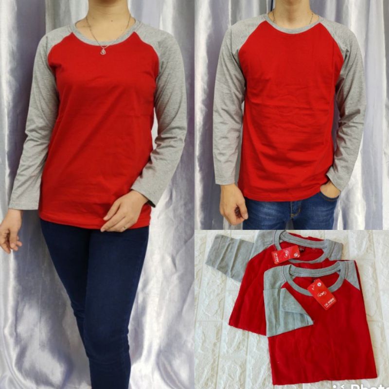 Kaos polos reglan MERAH-ABUMISTY lengan panjang dewasa uk M L XL XXL pria dan wanita