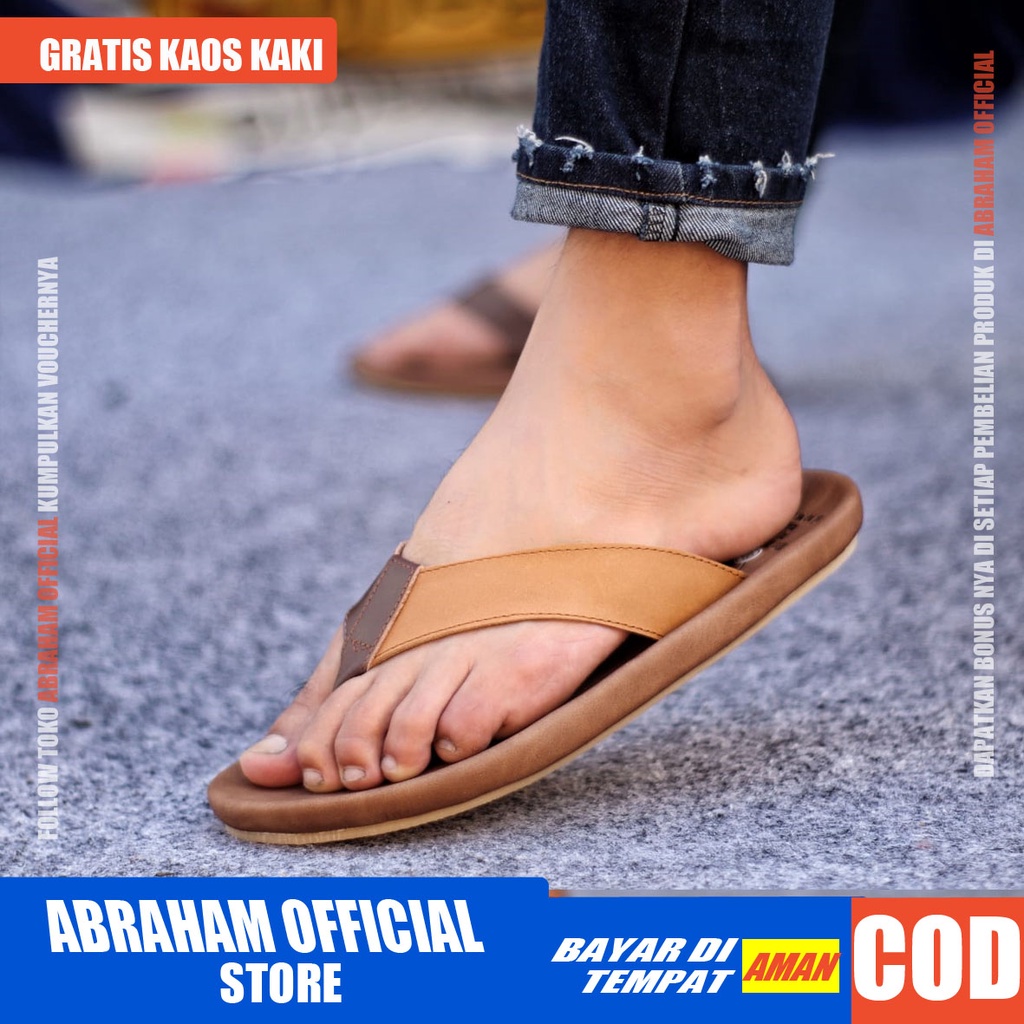 ABRHM X JAVIT Sandal Jepit Pria Sandal Pria Kulit Asli Sendal Cowok Keren Sandal Cowo Kekinian Ori